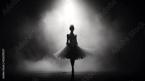 Stampa su tela silhouette of a ballerina on stage in smoke and dramatic light