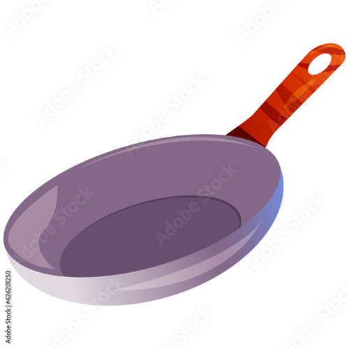 Kitchen frying pan, pan, cooking pot, stewpot with wooden handle. Metal cooking utensil, stainless utensil for frying. Cartoon vector illustration for food apps, websites and menues. 