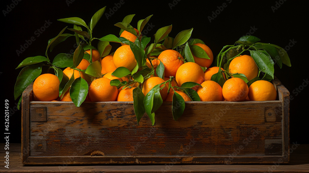 A wooden box filled with fresh oranges and green leaves in front of a solid black background