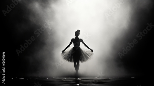 silhouette of a ballerina on stage in smoke and dramatic light. Generative AI