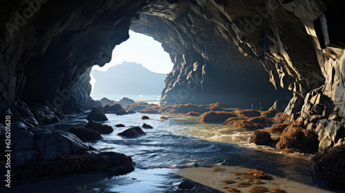 A view of a harsh, rugged coastline from the mouth of a sea cave.