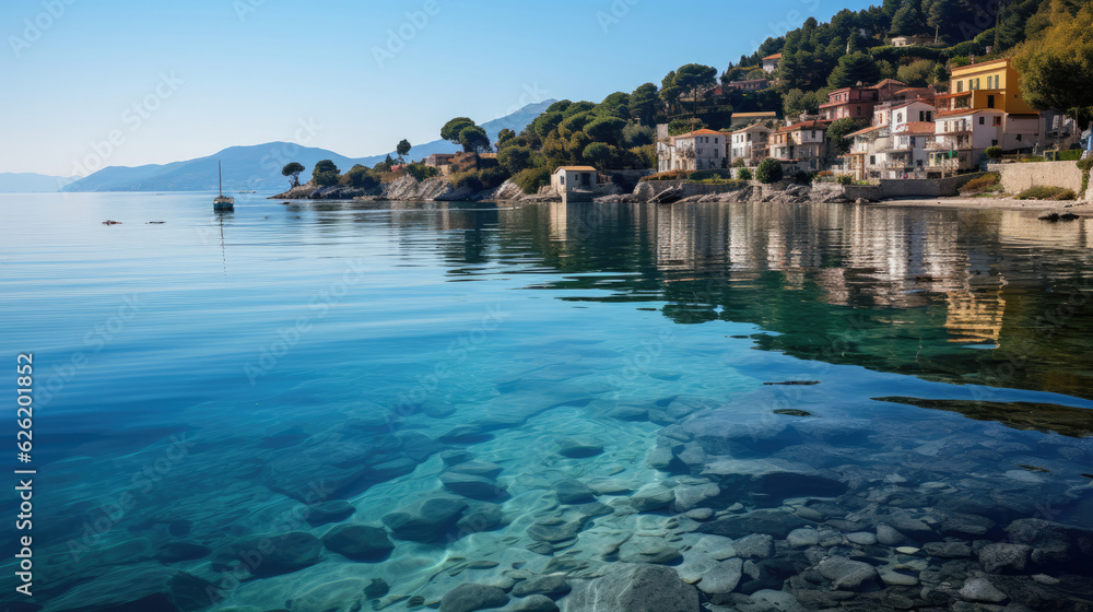 A picturesque view of a coastal village nestled in a bay, the colorful houses reflected on the calm sea.