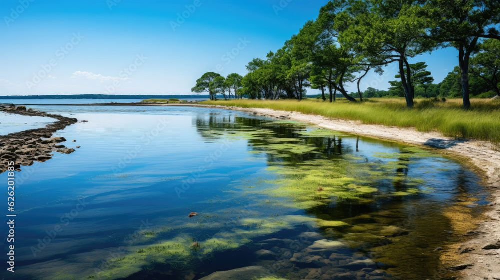 A tranquil coastal scene featuring a marshland, the calm water reflecting the green hues of the lush vegetation.