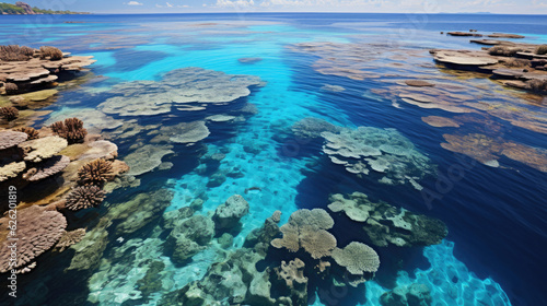 A colorful coral atoll seen from above, surrounded by the azure blue of the vast ocean. © GraphicsRF