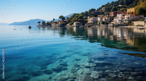 A picturesque view of a coastal village nestled in a bay  the colorful houses reflected on the calm sea.