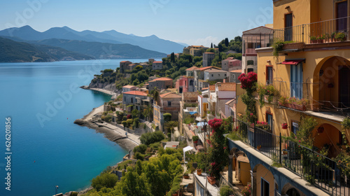 A picturesque view of a coastal village nestled in a bay, the colorful houses reflected on the calm sea. © GraphicsRF