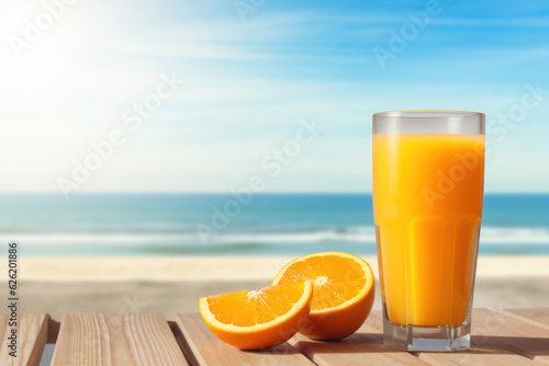 Orange juice on the beach.bright morning.