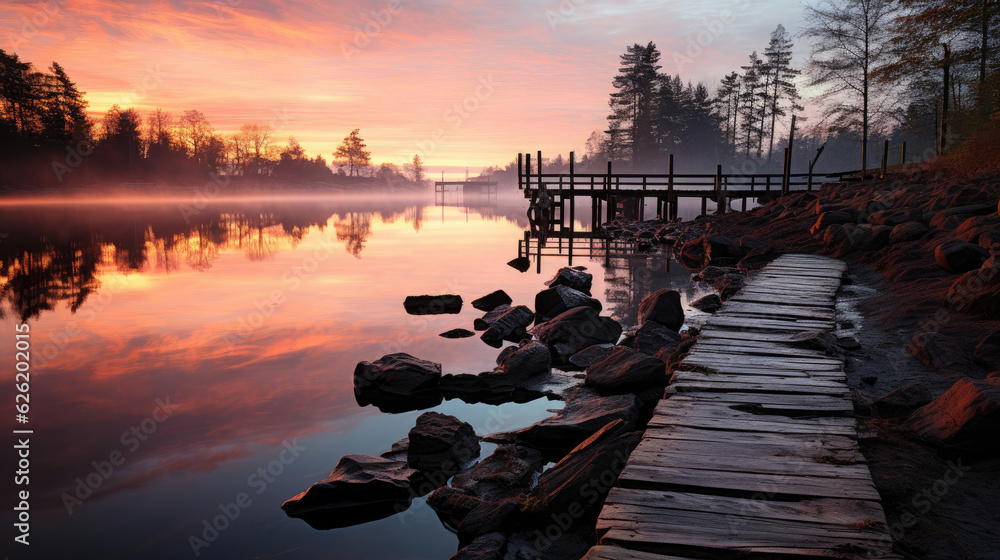 An old wooden pier stretching out into the calm, mirrored water under the soft light of dawn.