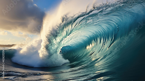 A powerful rogue wave, rearing up from the ocean, full of raw energy and awe-inspiring beauty.