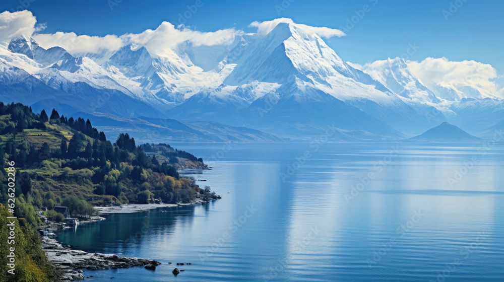 A breathtaking view of a coastal mountain range, the snow-capped peaks descending into the clear, blue sea.