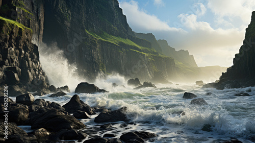 A striking coastal view with a rugged cliff face, the waves crashing into it and creating a dramatic spray.
