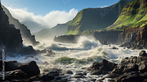 A striking coastal view with a rugged cliff face  the waves crashing into it and creating a dramatic spray.
