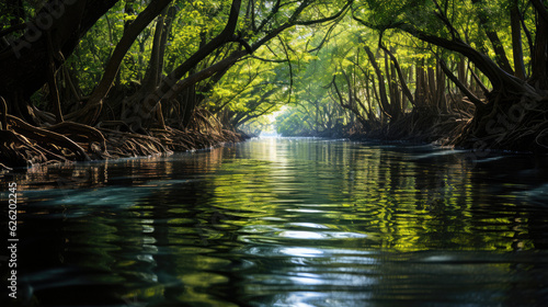 A placid mangrove forest at high tide, its green canopy reflecting in the still waters.