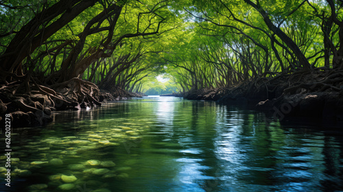 A placid mangrove forest at high tide, its green canopy reflecting in the still waters.