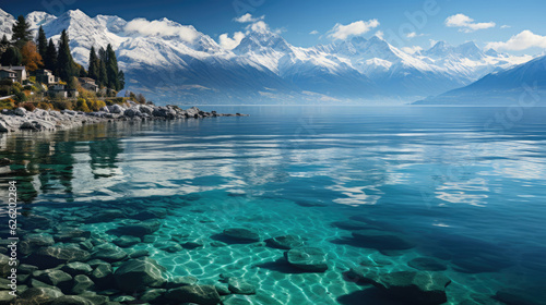 A breathtaking view of a coastal mountain range, the snow-capped peaks descending into the clear, blue sea.