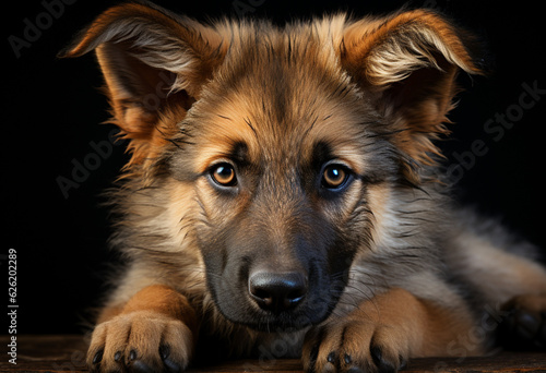 german shepherd puppy laying on a table against a dark backdrop