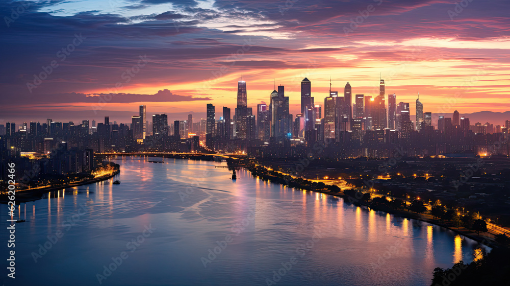 A mesmerizing scene of a coastal city skyline at twilight, the setting sun casting a golden glow on the buildings.