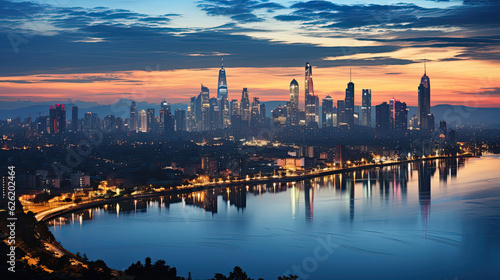 A mesmerizing scene of a coastal city skyline at twilight, the setting sun casting a golden glow on the buildings.