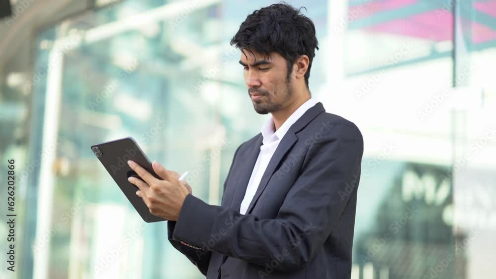 Businessman with digital tablet In hands posing at office, successful businessman using tablet computer. Work place. Lifestyle.