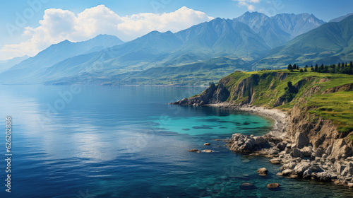 A panoramic view of a coastal mountain range, the peaks descending into the turquoise sea under a clear sky.