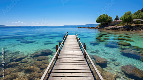 An idyllic coastal scene featuring a wooden pier extending into a calm, clear sea under a bright sky.