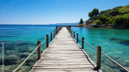 An idyllic coastal scene featuring a wooden pier extending into a calm, clear sea under a bright sky.