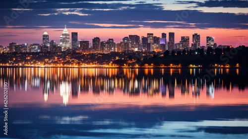 A mesmerizing scene of a coastal city skyline at dusk, the colorful lights reflected on the calm sea. © GraphicsRF