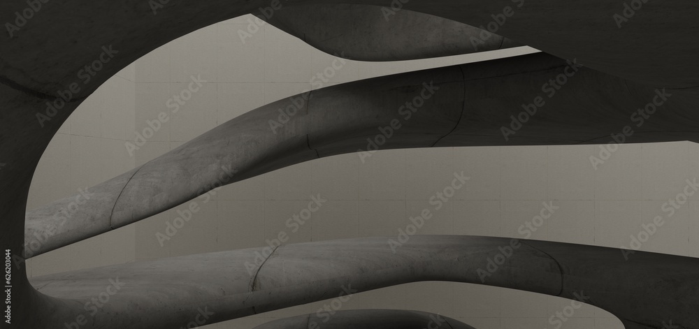 Abstract architectural minimalistic background. Contemporary showroom. Modern concrete exhibition tunnel. Empty gallery. Backlight. 3D illustration and rendering.