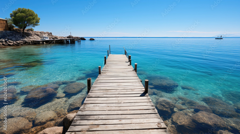 Obraz premium A tranquil coastal scene of a wooden jetty extending into a serene bay, the calm water reflecting the clear sky.