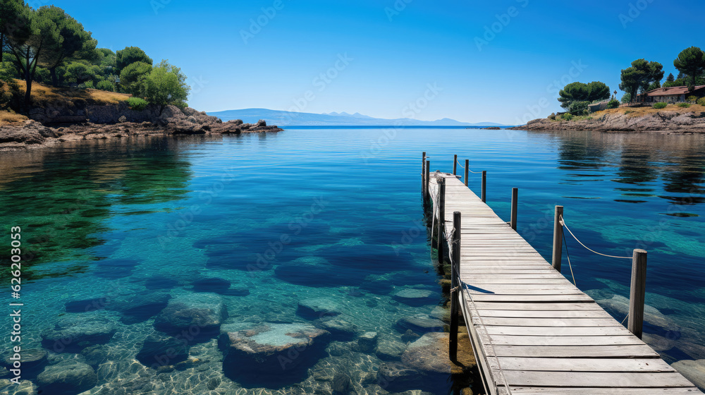 A tranquil coastal scene of a wooden jetty extending into a serene bay, the calm water reflecting the clear sky.