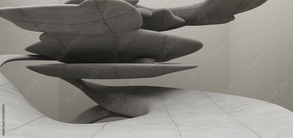 Abstract architectural minimalistic background. Contemporary showroom. Modern concrete exhibition tunnel. Empty gallery. Backlight. 3D illustration and rendering.