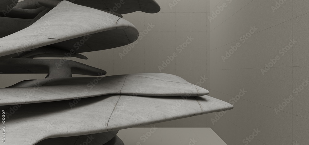 Abstract architectural minimalistic background. Contemporary showroom. Modern concrete exhibition tunnel. Empty gallery. Backlight. 3D illustration and rendering.