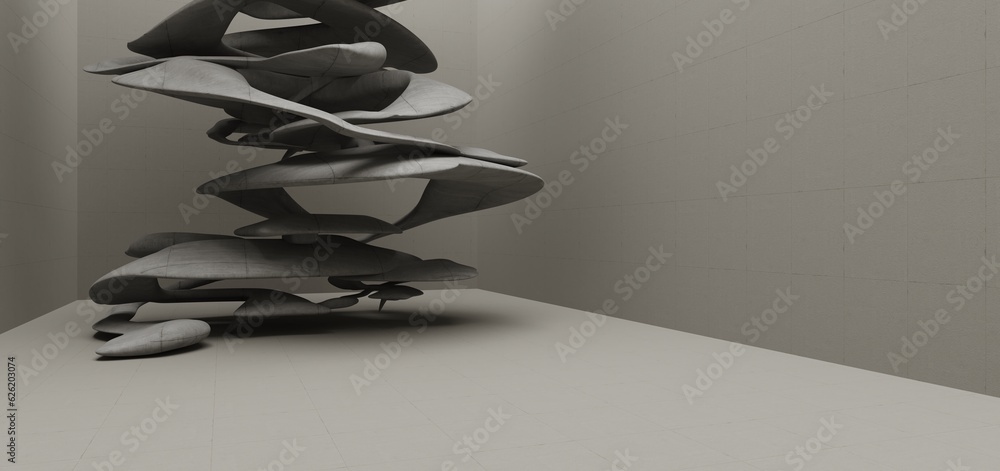 Abstract architectural minimalistic background. Contemporary showroom. Modern concrete exhibition tunnel. Empty gallery. Backlight. 3D illustration and rendering.