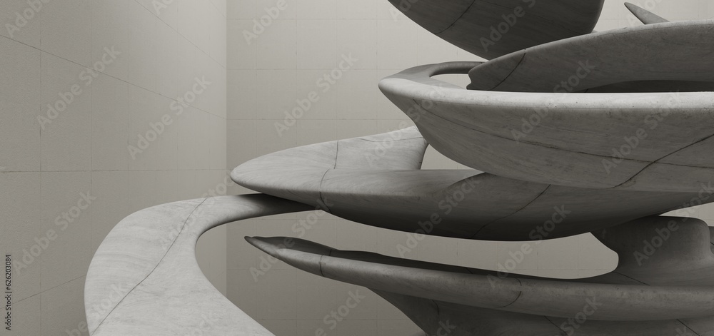 Abstract architectural minimalistic background. Contemporary showroom. Modern concrete exhibition tunnel. Empty gallery. Backlight. 3D illustration and rendering.