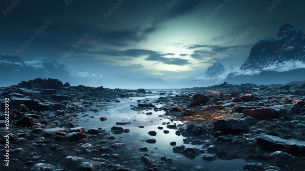The frigid Arctic coast under the relentless polar night, the starlit sky casting an eerie glow over the icy sea. The frigid Arctic coast under the relentless polar night, the starlit sky casting an eerie glow over the icy sea.