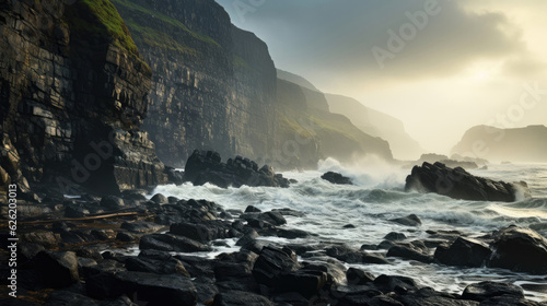 A steep, rugged cliff under a brewing storm, the sea below churning with an approaching squall.