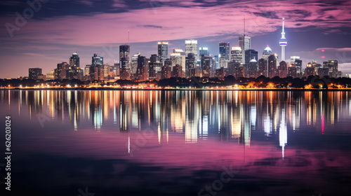 A mesmerizing view of a coastal city skyline at night, the city lights creating a colorful reflection on the calm bay.