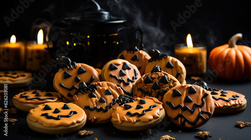 Hallooween decorated cookies, with the black background. Halloween day concept. ia generate