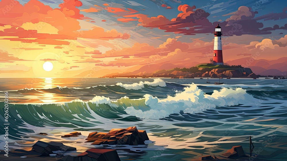 Art and colorful landscape with lighthouse. Generative AI