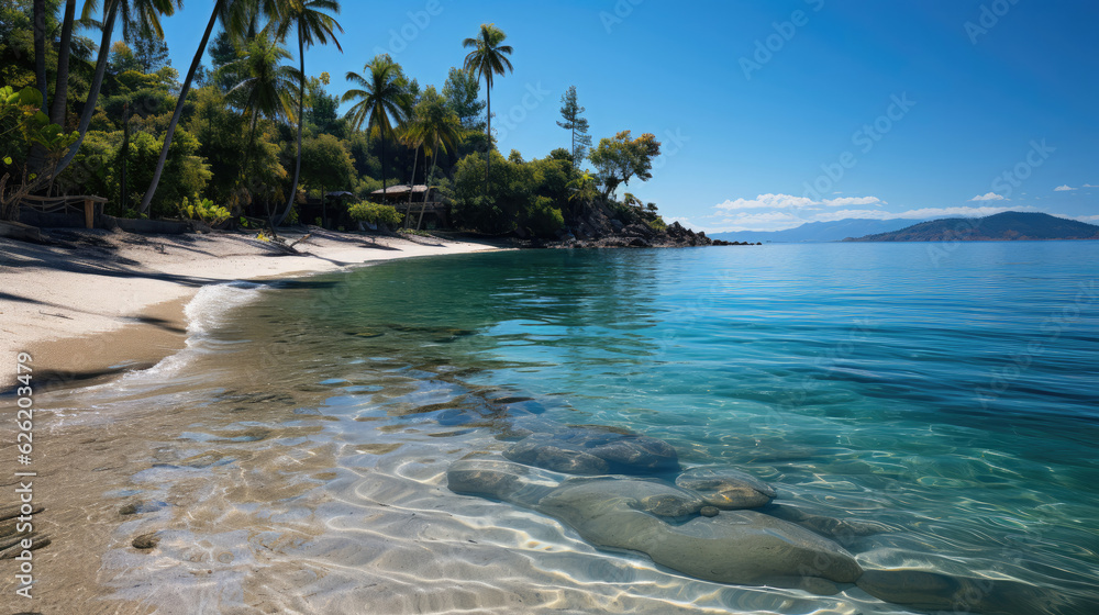 A tranquil coastline with soft sand and calm, clear waters, framed by tall, lush palm trees.