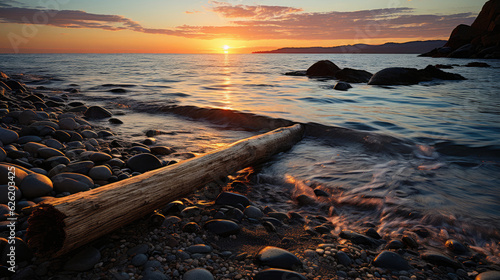 A tranquil coastal scene featuring a beached driftwood log, silhouetted against the setting sun.