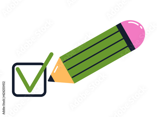 Successful completion of business task. Check mark with pencil in flat design. Concept of completed goal or task. Checklist.