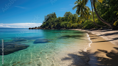 A tranquil coastline with soft sand and calm, clear waters, framed by tall, lush palm trees. © GraphicsRF