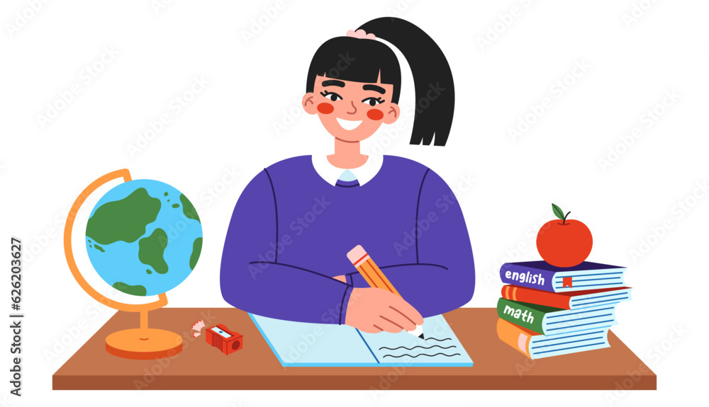 Cute school girl sitting at desk and writing on lesson. Flat vector illustration on white background. Cute school girl sitting at desk and writing on lesson. Flat vector illustration on white background.