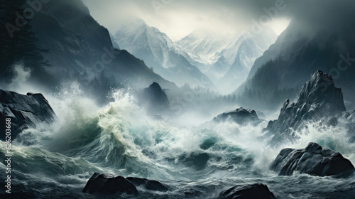 A fierce wave surging up a narrow fjord, the surrounding cliffs echoing with the roar of water.