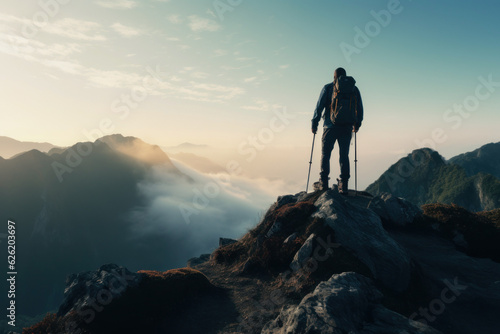 Hiker with a backpack on top of a mountain with dramatic cloudscape during sunrise. Travel, active lifestyle and winning reaching life goal