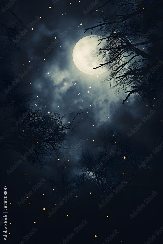 Night forest with full moon and stars in the sky Night forest with full moon and stars in the sky