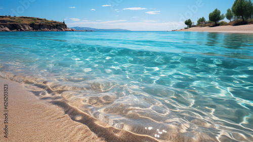 A tranquil sandy beach  its surface untouched  leading to a calm azure sea under a clear blue sky.