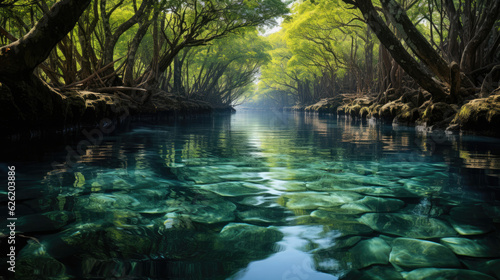 A beautiful scene of a coastal mangrove forest, the roots intertwined and mirrored on the calm water. © GraphicsRF