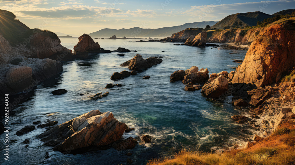 A breathtaking coastal view with a rocky arch, the setting sun casting long shadows on the calm sea.